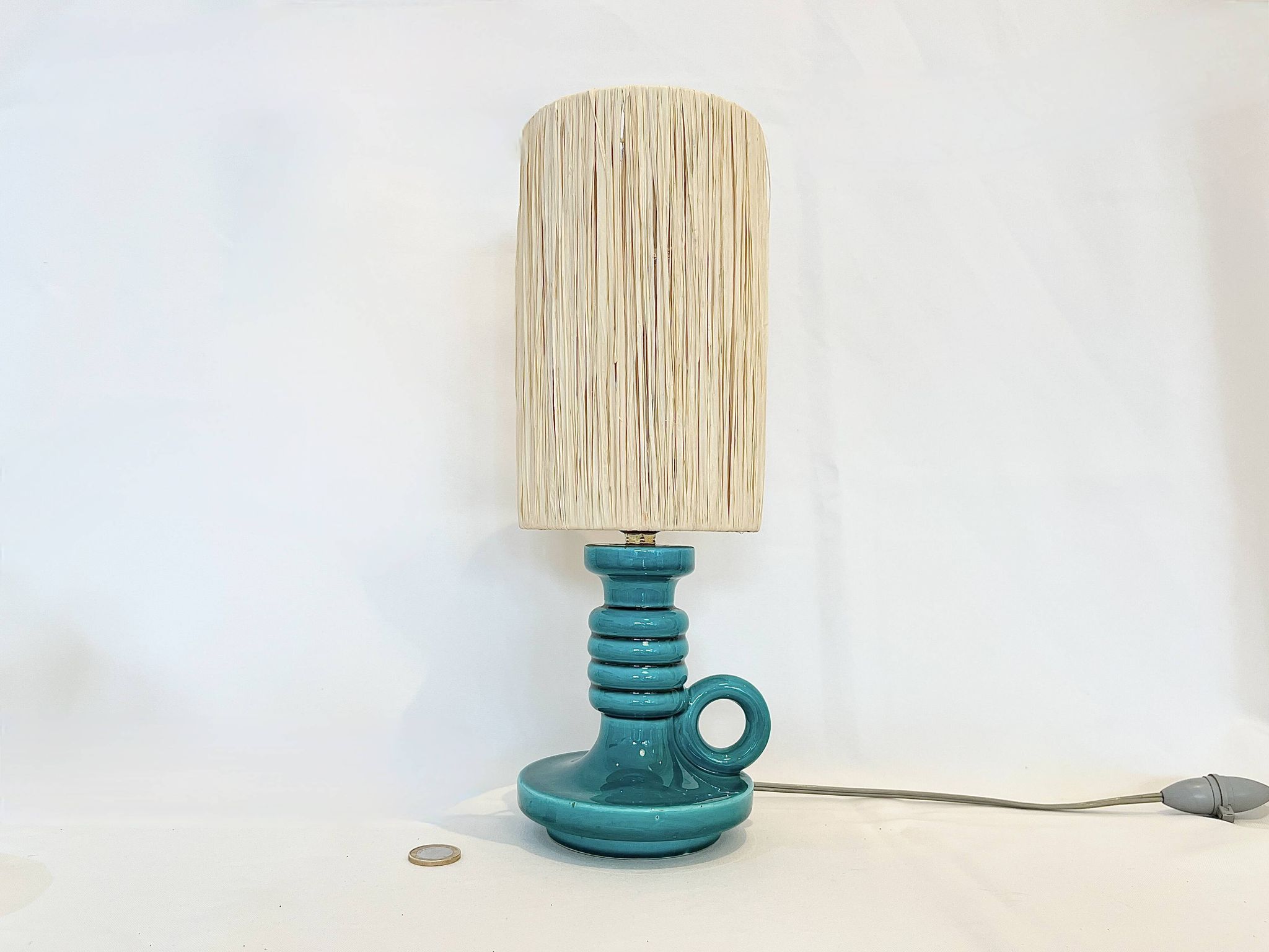 Art Deco green ceramic candle holder lamp base with raffia shade