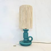 Art Deco green ceramic candle holder lamp base with raffia shade