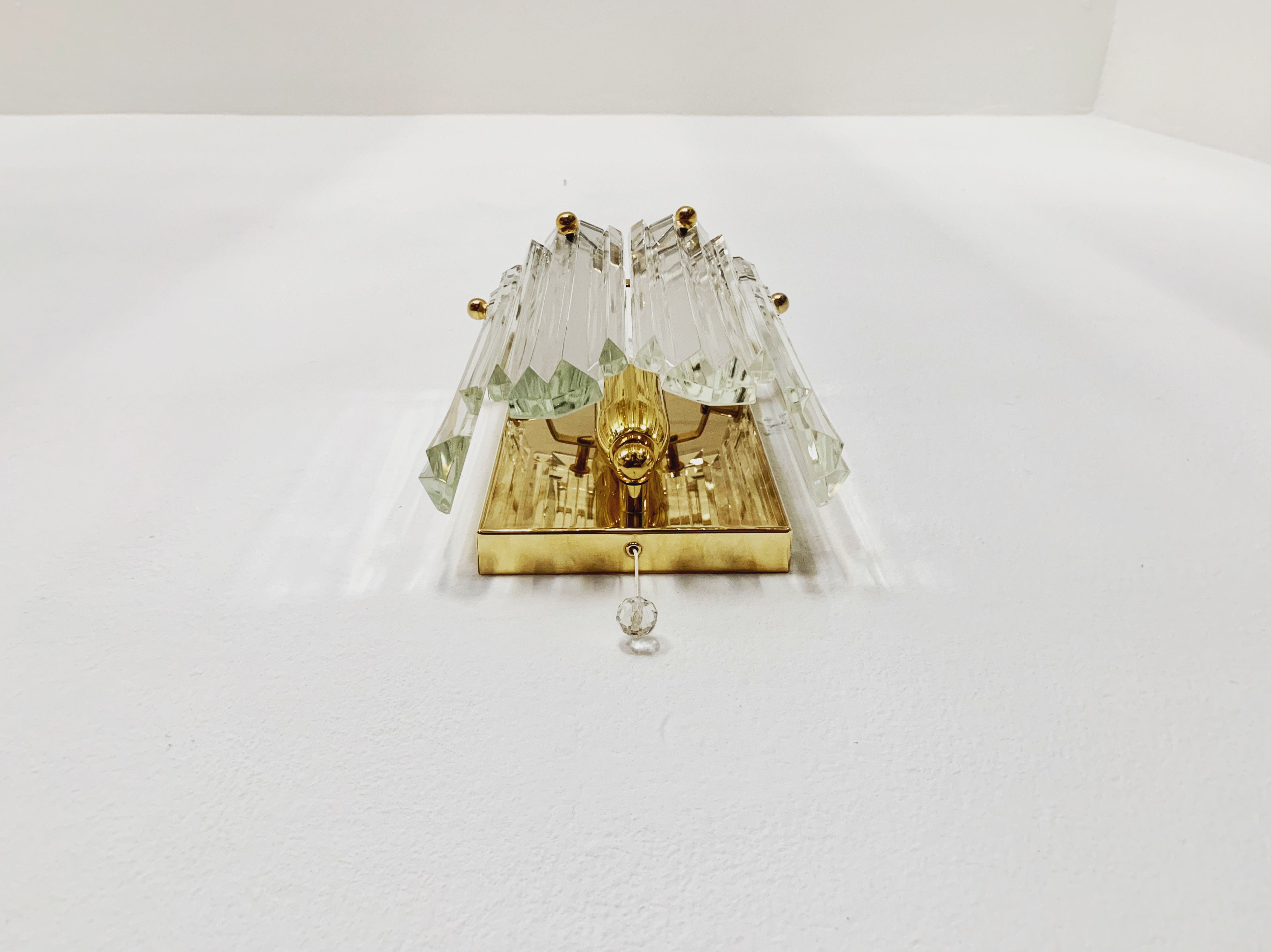 Set of 2 Mid Century Modern gilded ice glass wall lamps by J.T. Kalmar