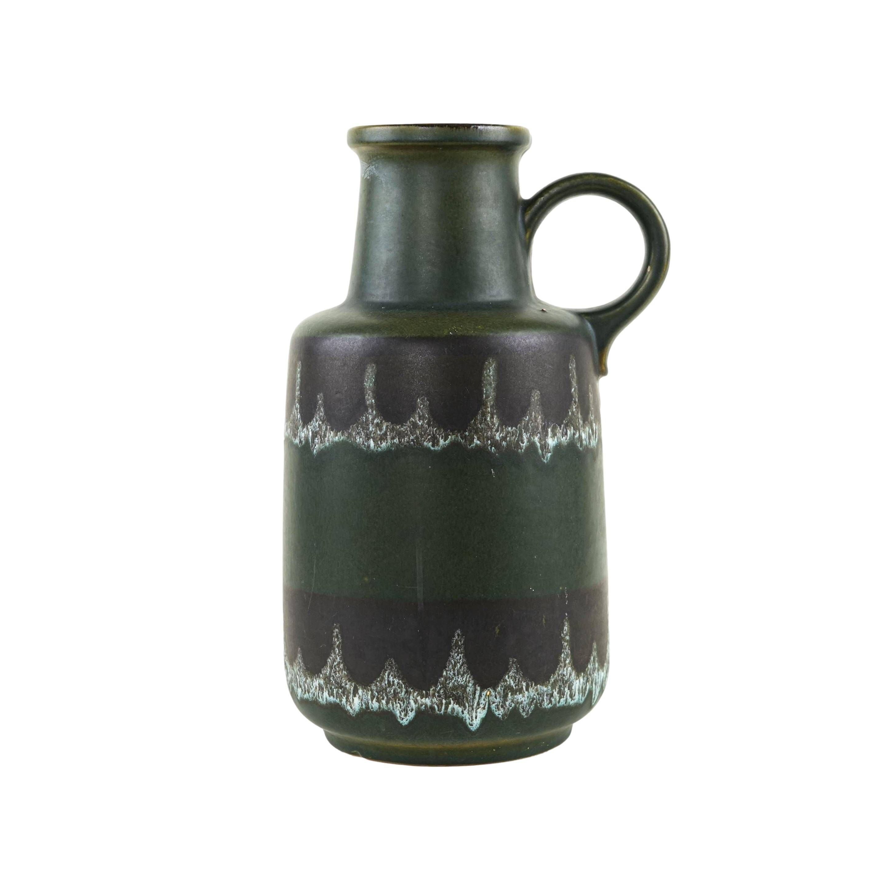 Fat lava ceramic vase with handle, green glaze, West Germany, 1970s
