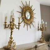 Pair of gilded bronze candlesticks, marble bases.
