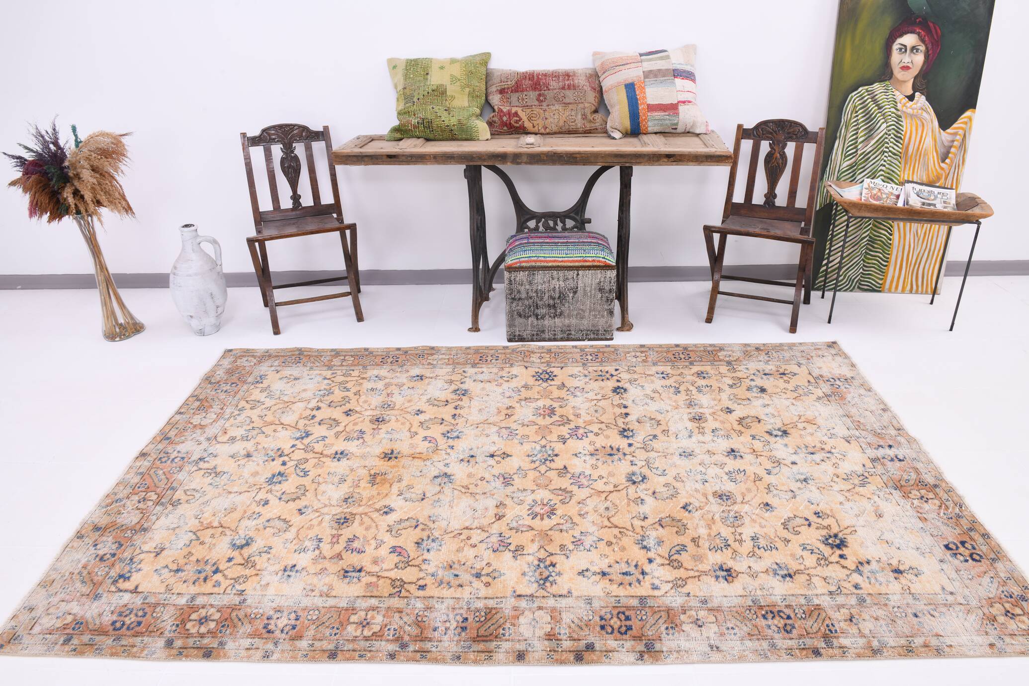 5x8 Rug For Farmhouse Room Blue Orange Vintage Rug, 162x262Cm SK 5165