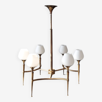 Chandelier in gilded brass and white opalines with 6 lights 1960.