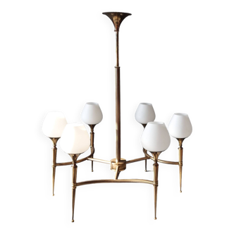 Chandelier in gilded brass and white opalines with 6 lights 1960.