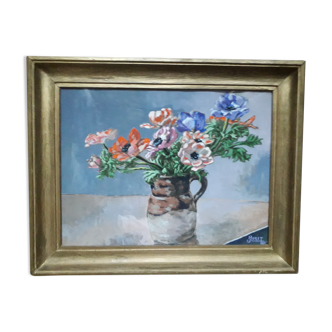 Tableau ancien signé représentant un bouquet d'anémones