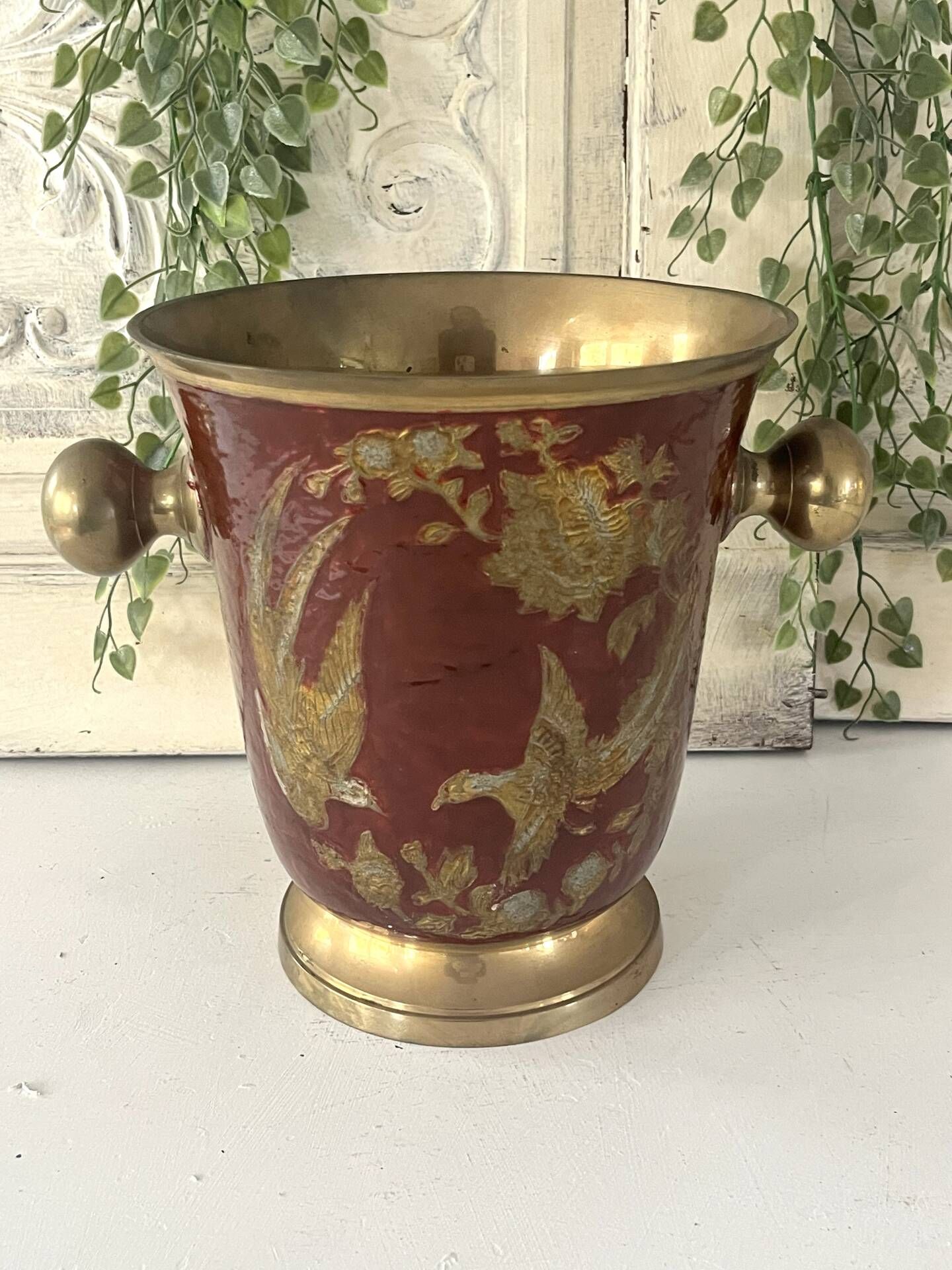 Ice Bucket, Enamel Red and Gold French Brass Champagne Cooler, Vintage
