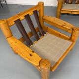 Set of 2 armchairs in solid pine with boucle fabric, 1970s Scandinavian design.