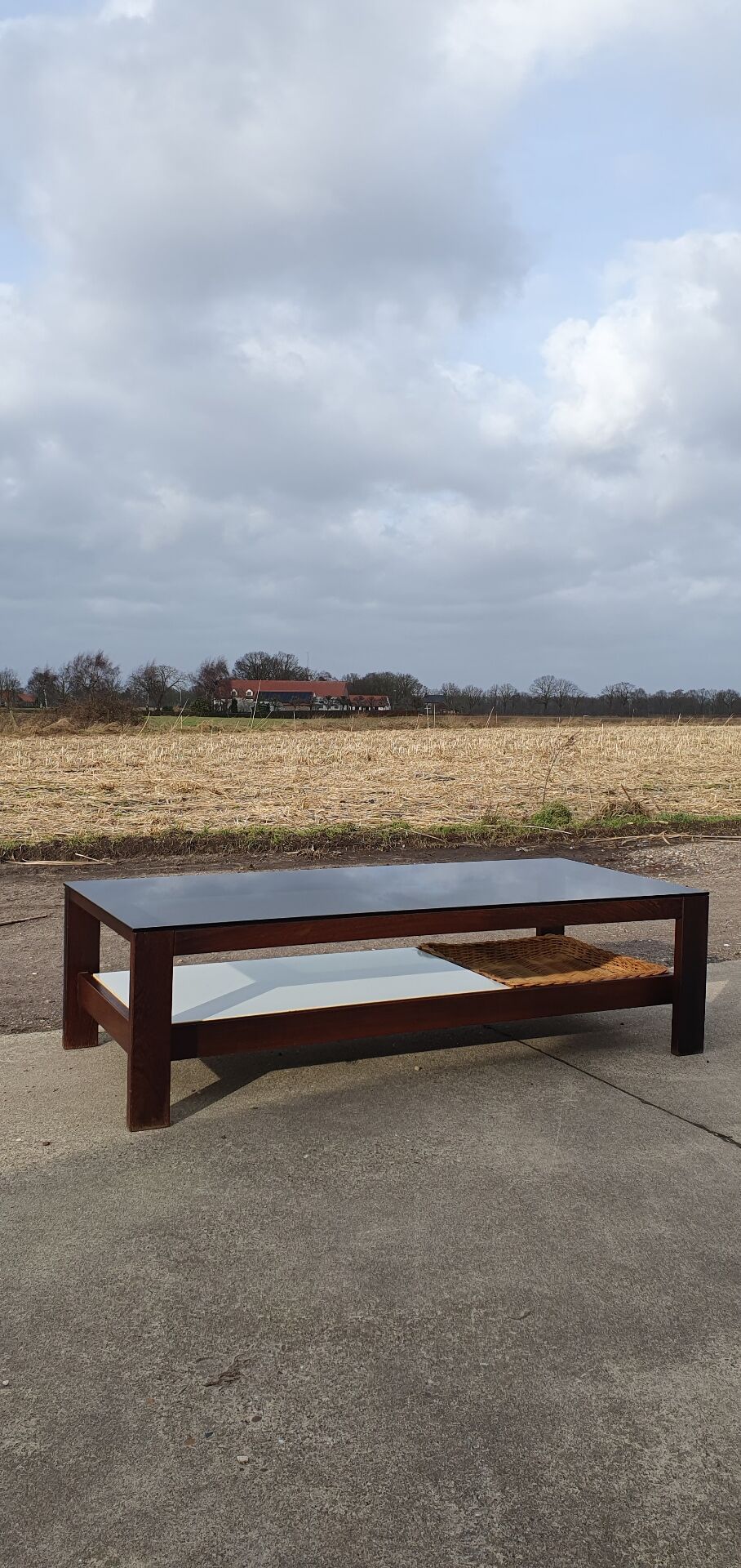 Vintage 1970s coffee table 137 cm wenge smoked glass  wicker basket
