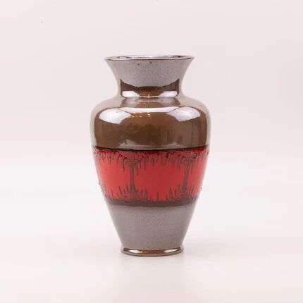 Vase décoratif en céramique émaillée gris et rouge - design artisanal contemporain
