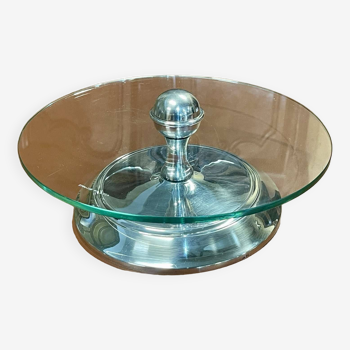 70s silver metal and glass cheese platter