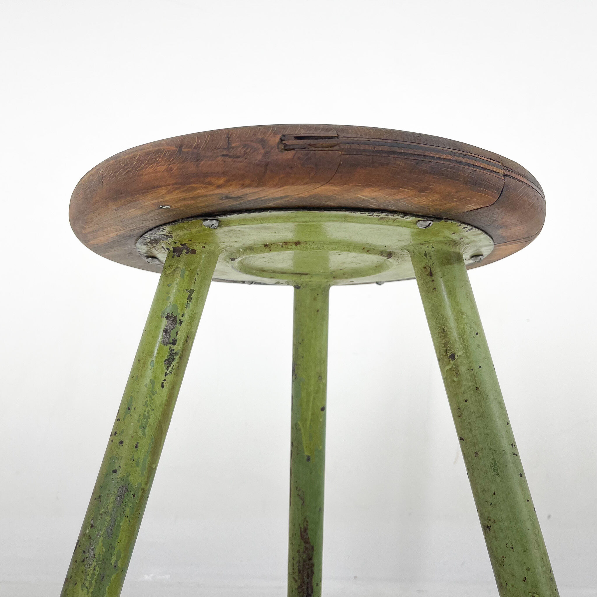 Vintage industrial steel & wood tripod stool, 1950's