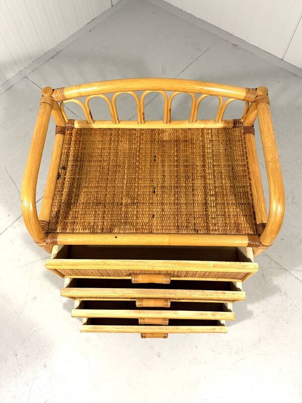 Commode en rotin, table de chevet, années 1980