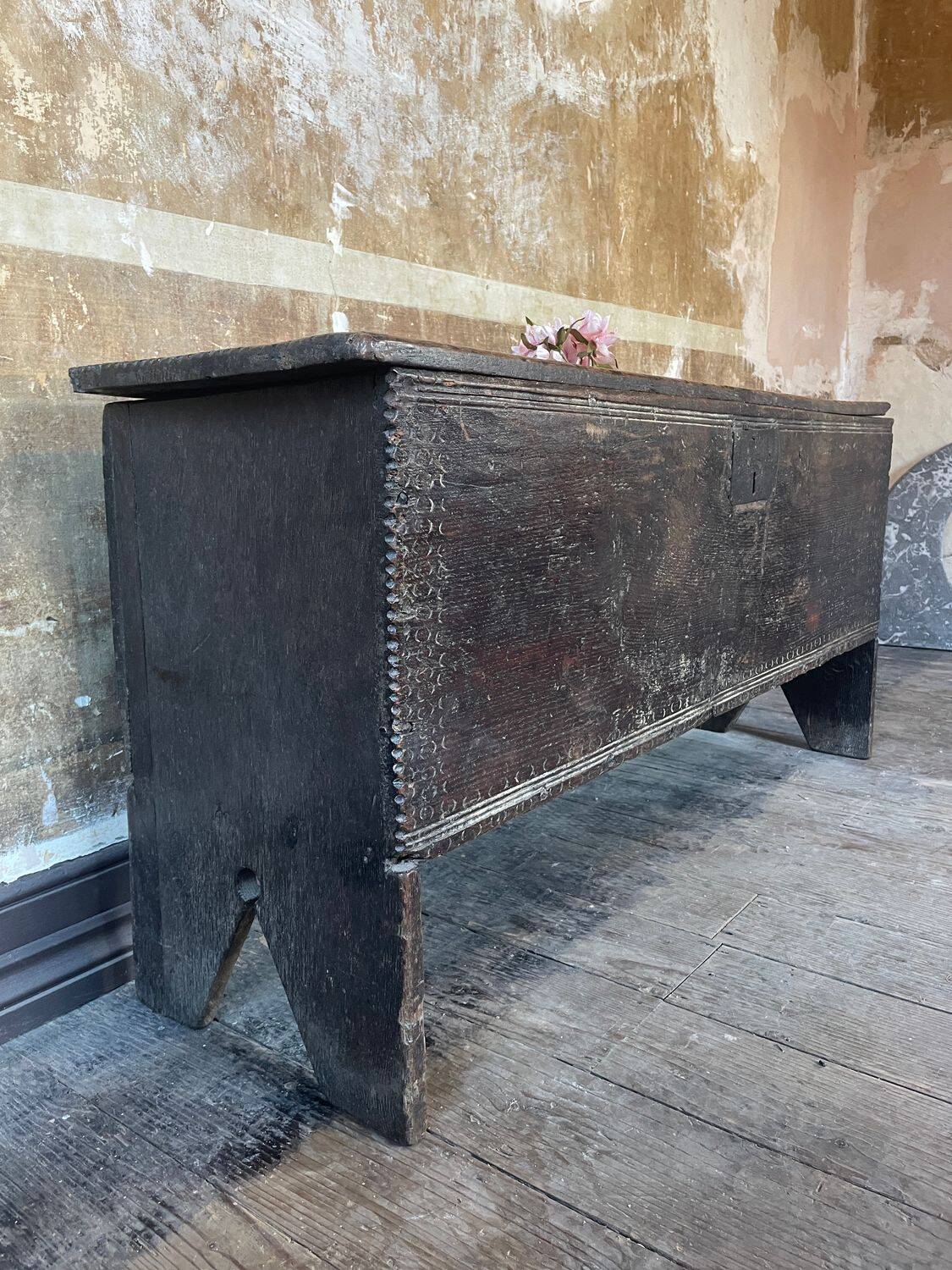 Large Heavy 18th Century Circa 1700 Primitive Carved Oak Sword Chest, Good