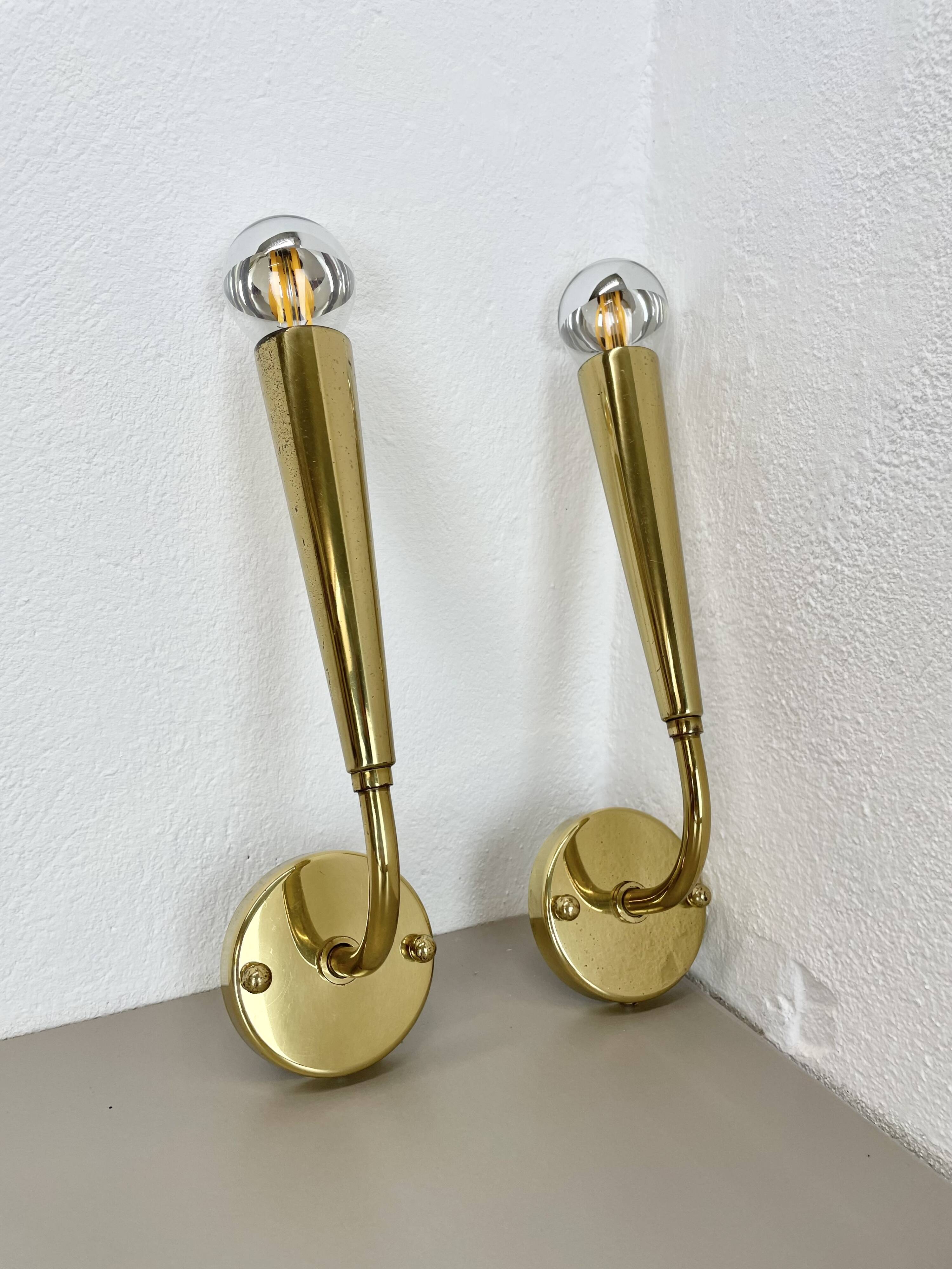 set of 2 Brass "TORCH" Stilnovo Style Theatre Wall Light Sconces, Italy, 1970s