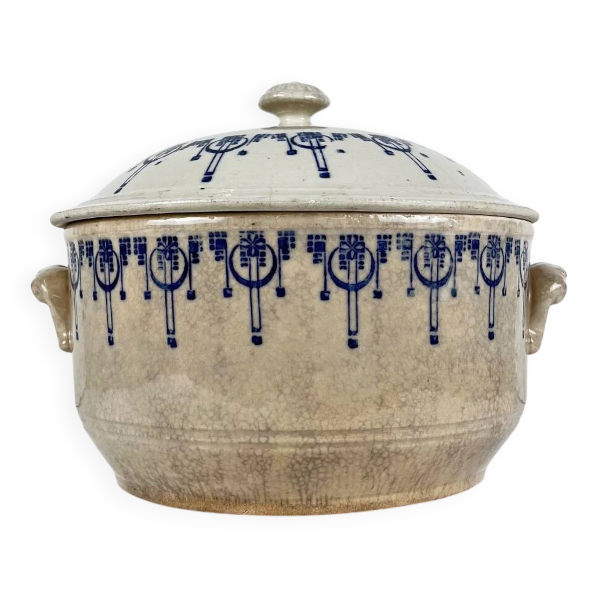 Old stoneware hot water bottle / casserole from Saint Uze, blue decoration, early 20th century.