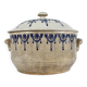 Old stoneware hot water bottle / casserole from Saint Uze, blue decoration, early 20th century.