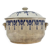 Old stoneware hot water bottle / casserole from Saint Uze, blue decoration, early 20th century.