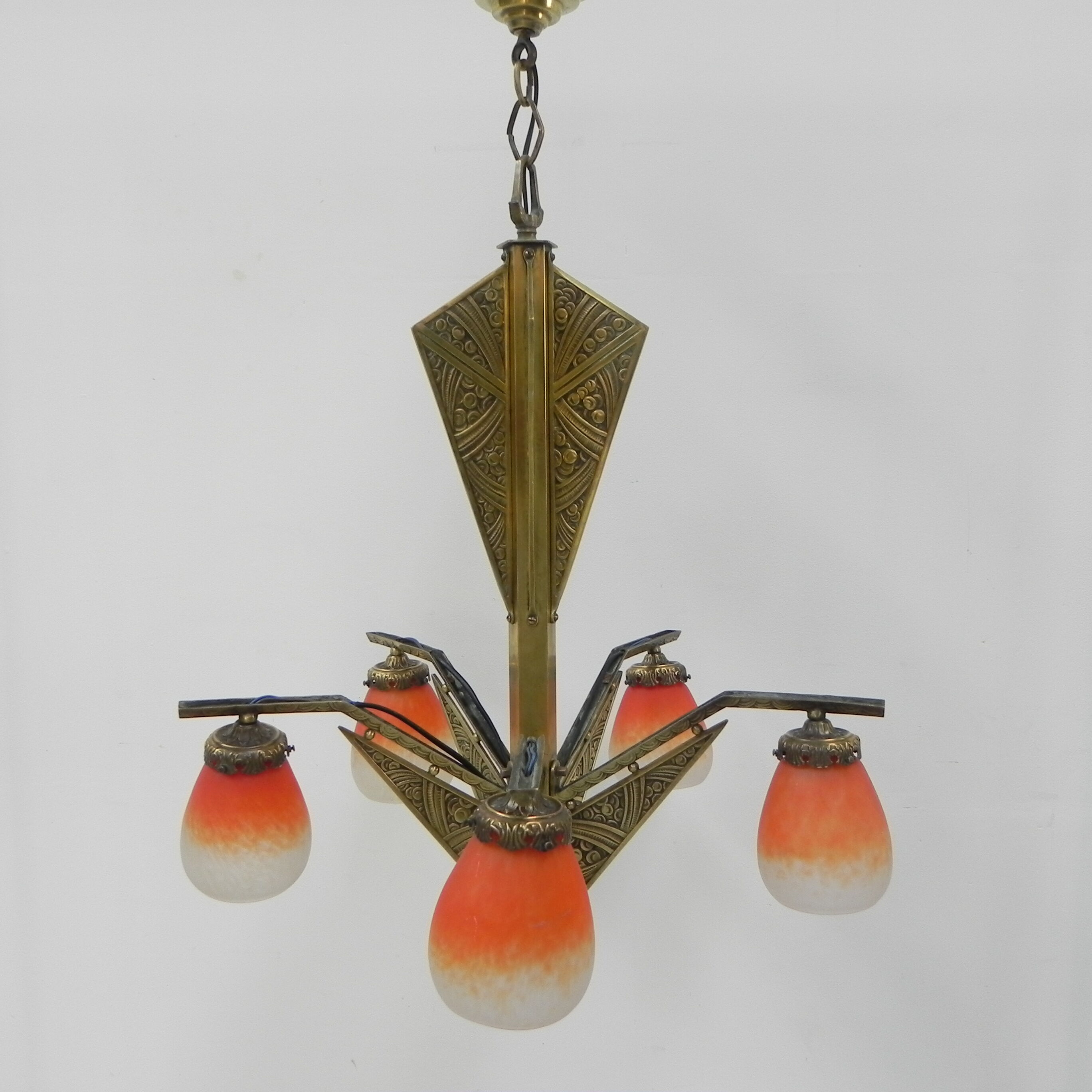Brass Art Deco hanging lamp with 5 "pates de verre" shades