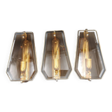 Triple vintage wall lights in brass and beveled glass to be electrified E14