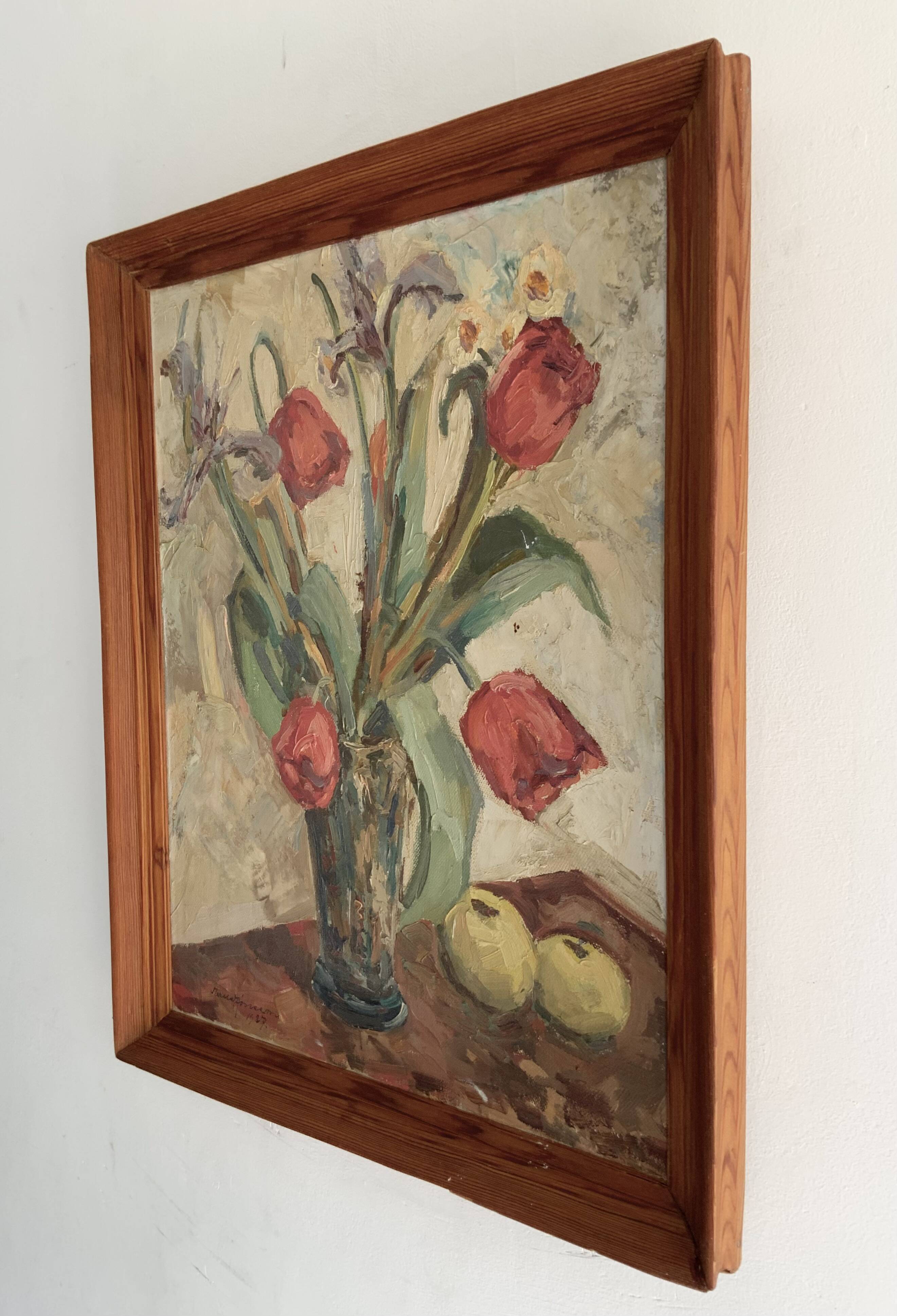 Vintage Still life with Tulips and apple, Oil Painting signed by M. Jonsson
