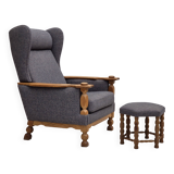 1970s, highback Danish armchair with footstool, furniture wool fabric, oak.
