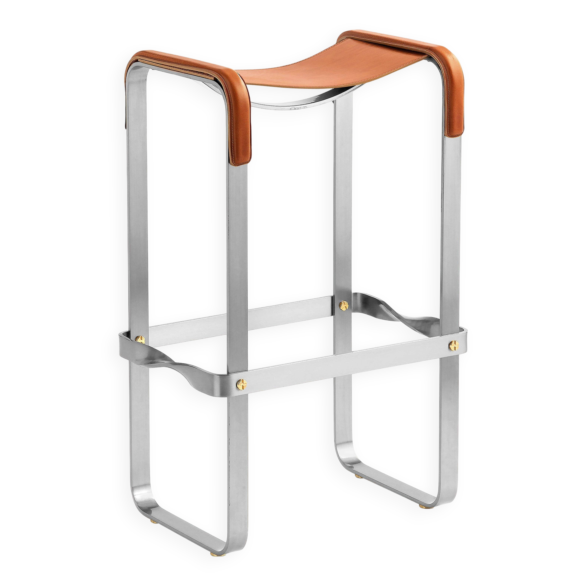 Bar Stool with Aged Silver Steel and Natural Tobacco Saddle Leather Contemporary Style
