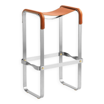 Bar Stool with Aged Silver Steel and Natural Tobacco Saddle Leather Contemporary Style