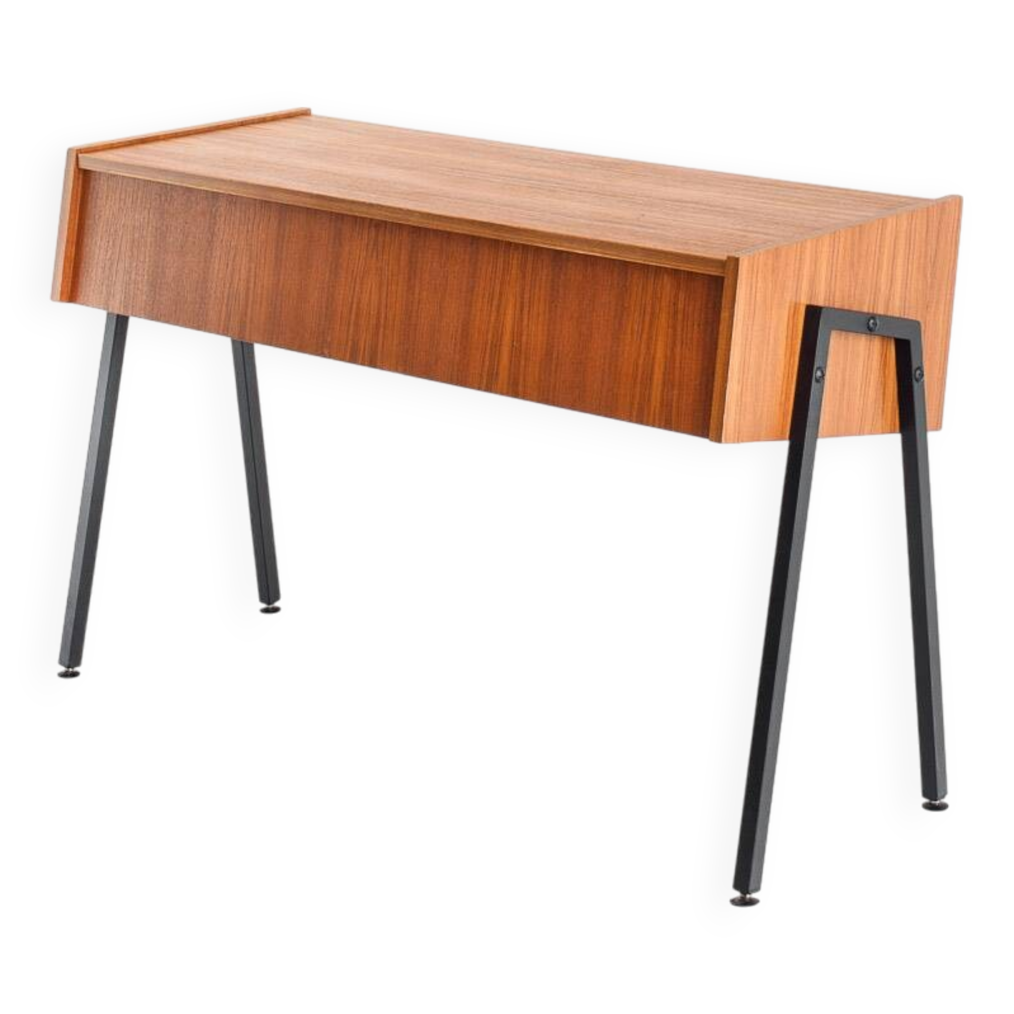 Vintage teak and lacquered iron console table. Scandinavian style. France, 1960s