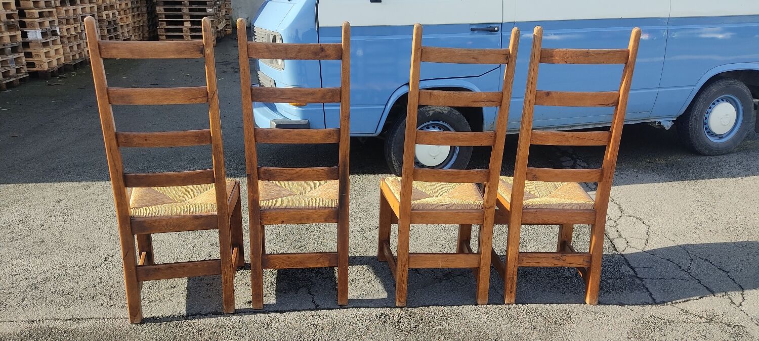 Ensemble de 4 chaises bois paille brutaliste