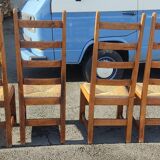 Set of 4 brutalist straw wood chairs