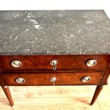 Louis XVI style wooden veneered chest of drawers with a marble top.
