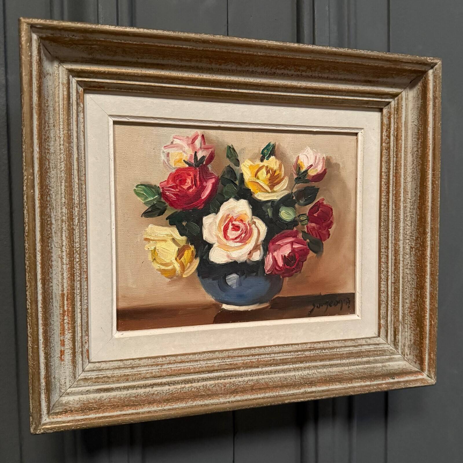 Oil on canvas still life with roses 20th century by Surgeon, whitewashed frame