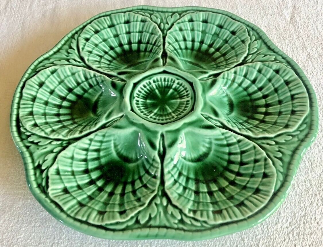 7 old oyster plates Sarreguemines green slurry