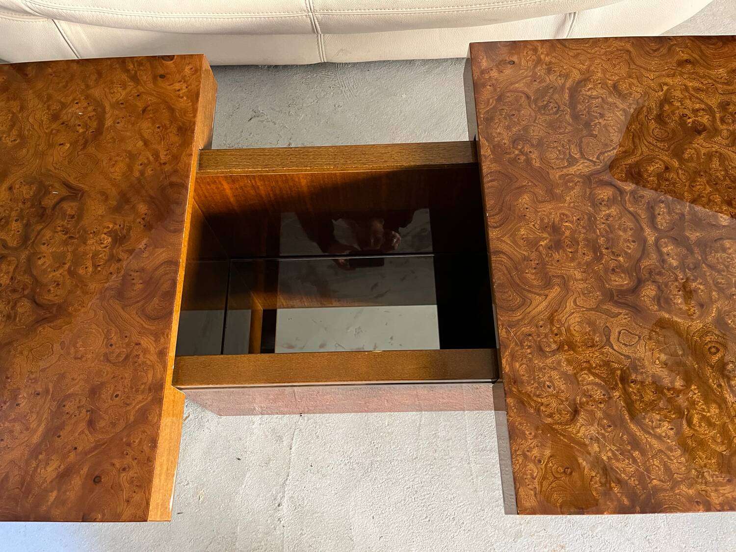 1970s elm burl coffee table / bar