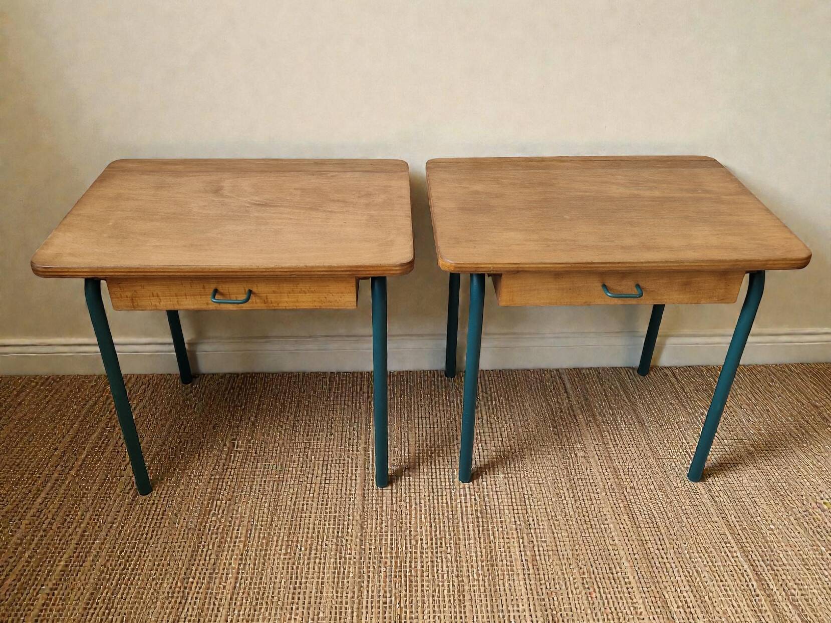 Pair of vintage wood and metal bedside tables