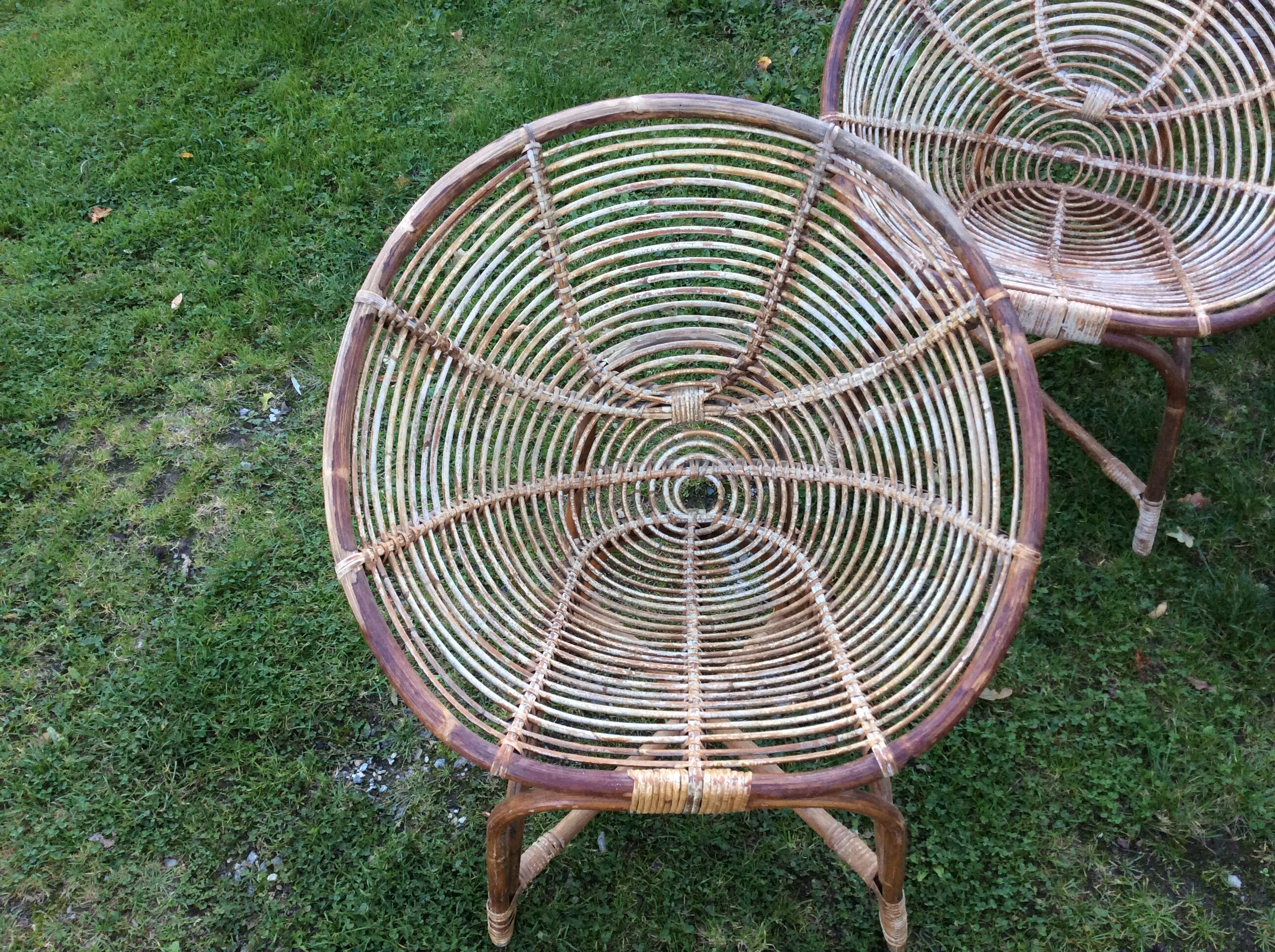 Set of 4 armchairs and 1 vintage rattan bench (5 pieces) inseparable.