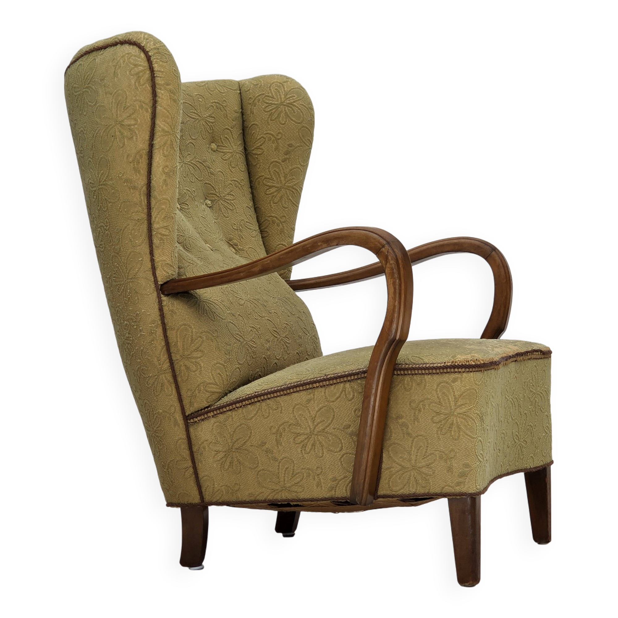 1960s, Danish armchair, light green furniture velour, beech wood.