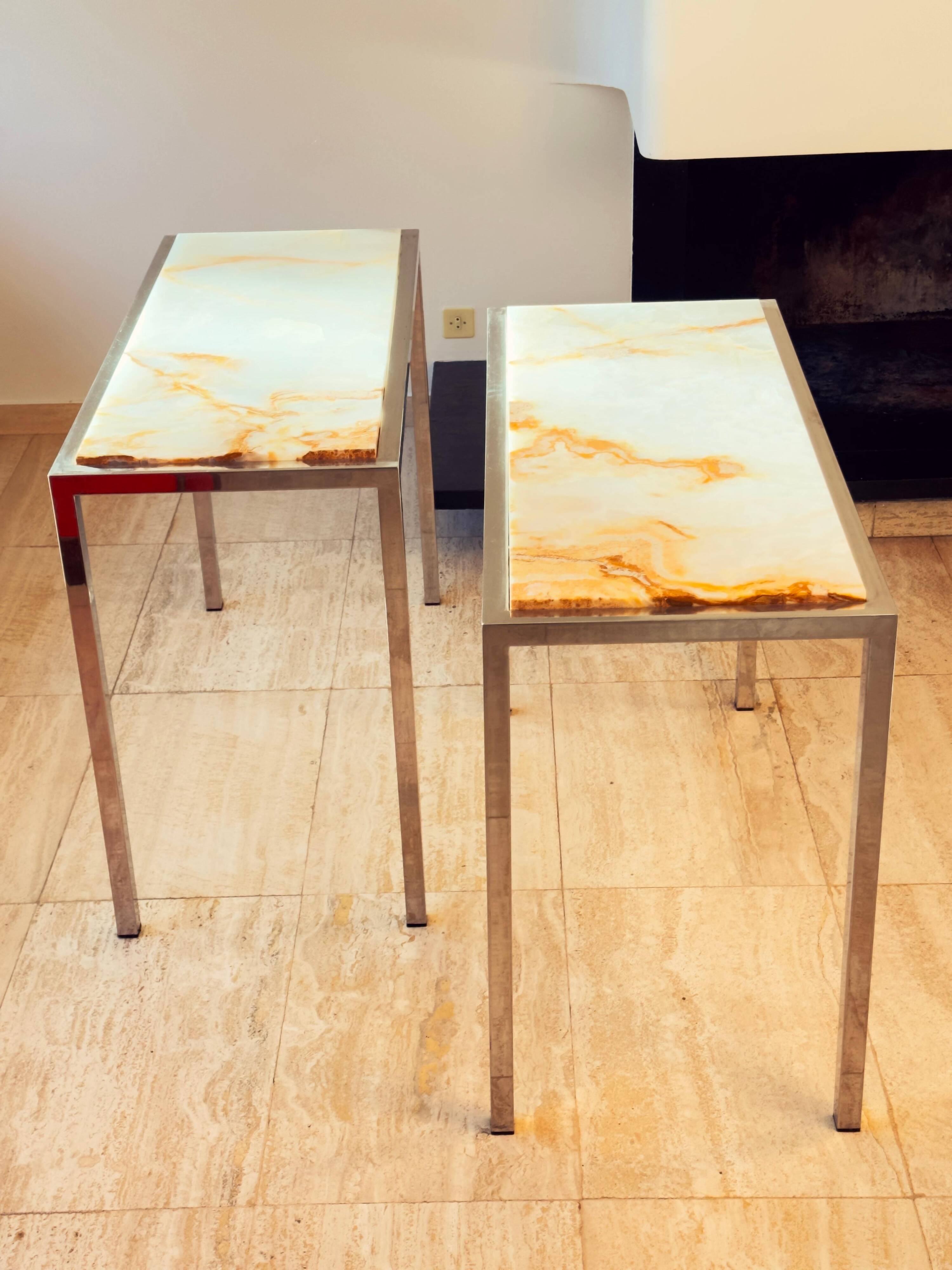 Pair of Italian Console Tables in Marble and Chrome, 1970s
