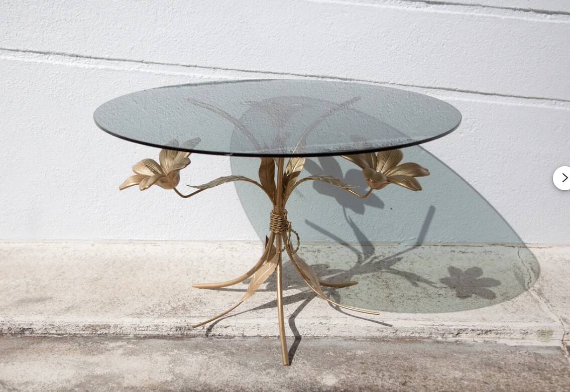 Vintage coffee table, brass and smoked glass table, Hans Kogl style flower table, lotus flower table