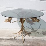 Table basse vintage, table laiton et verre fumé, table fleur Hans Kogl style, table fleur de lotus