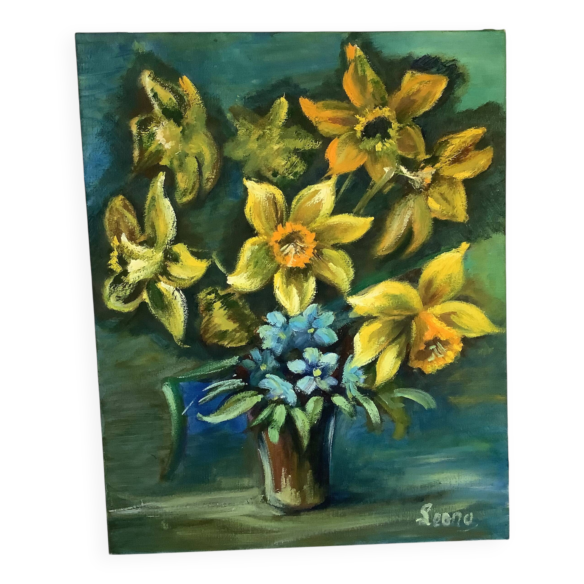 Painting bouquet of flowers oil on canvas signed