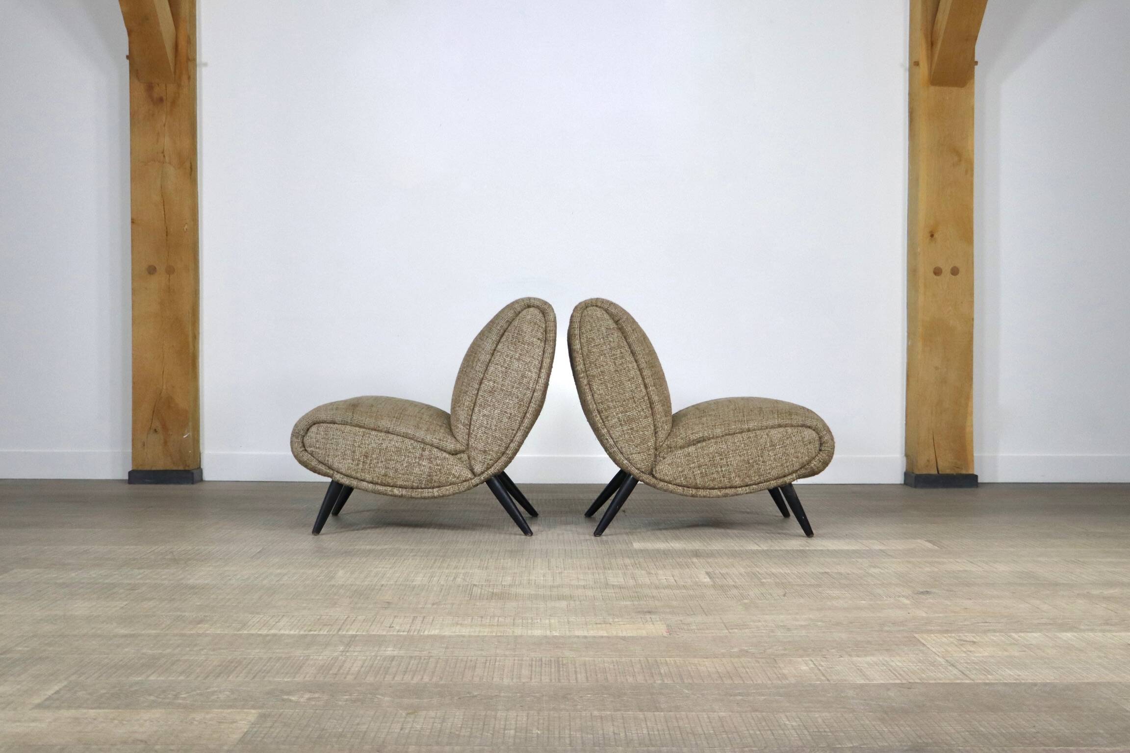 Pair Of Norman Bel Geddes Armchairs In Birch Wood & Original Wool Fabric, 1950s