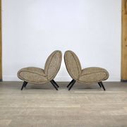 Pair Of Norman Bel Geddes Armchairs In Birch Wood & Original Wool Fabric, 1950s