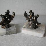 Old pair of bookends paperweight couple of birds marble spelter retro office decor
