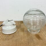 Vintage White Porcelain Pendant Light with Ribbed Glass, 1970s