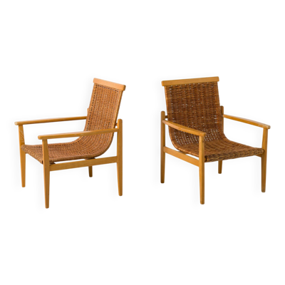 Paire de chaises longues en osier de uluv, tchécoslovaquie, années 1960.