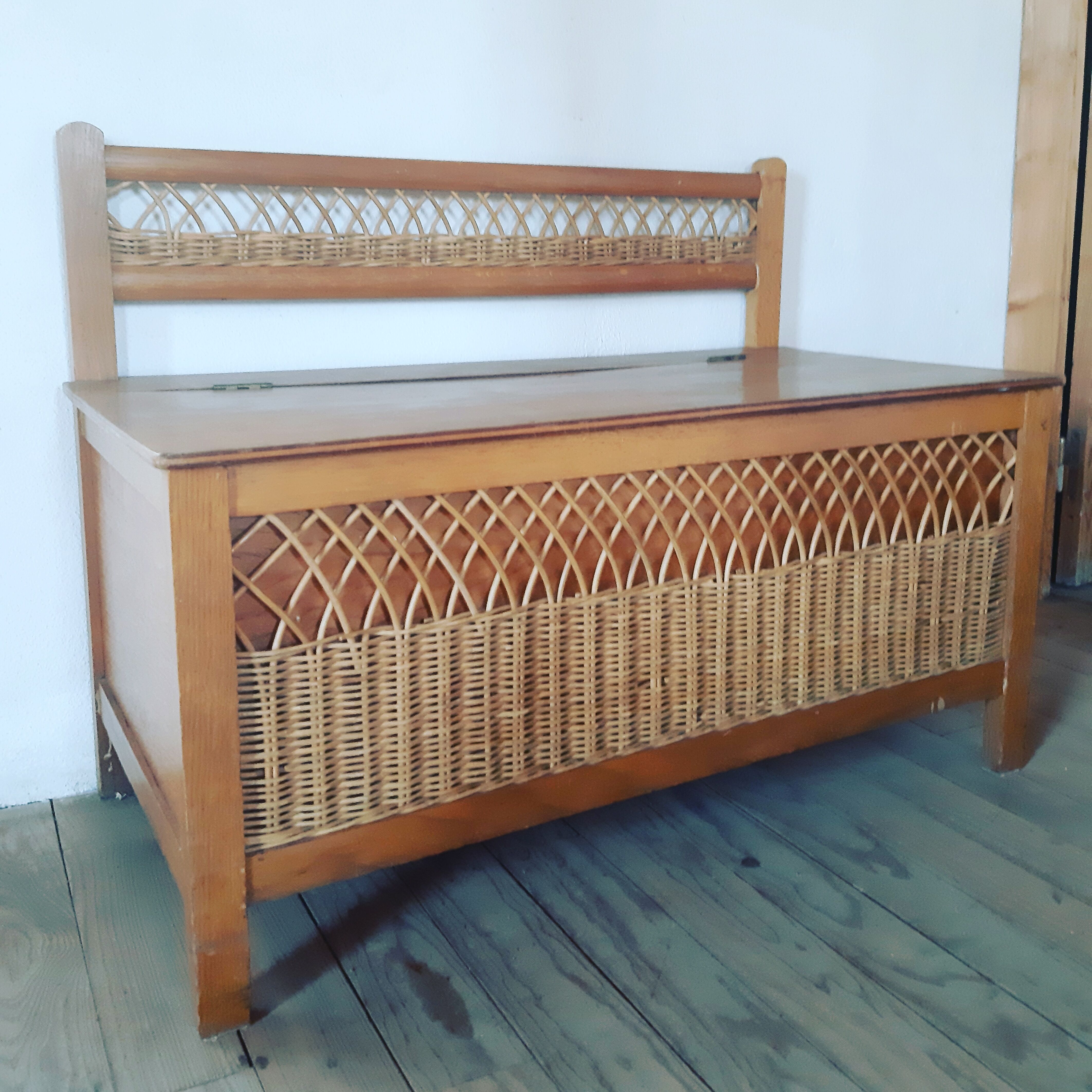 Vintage wooden and wicker bench and storage chest