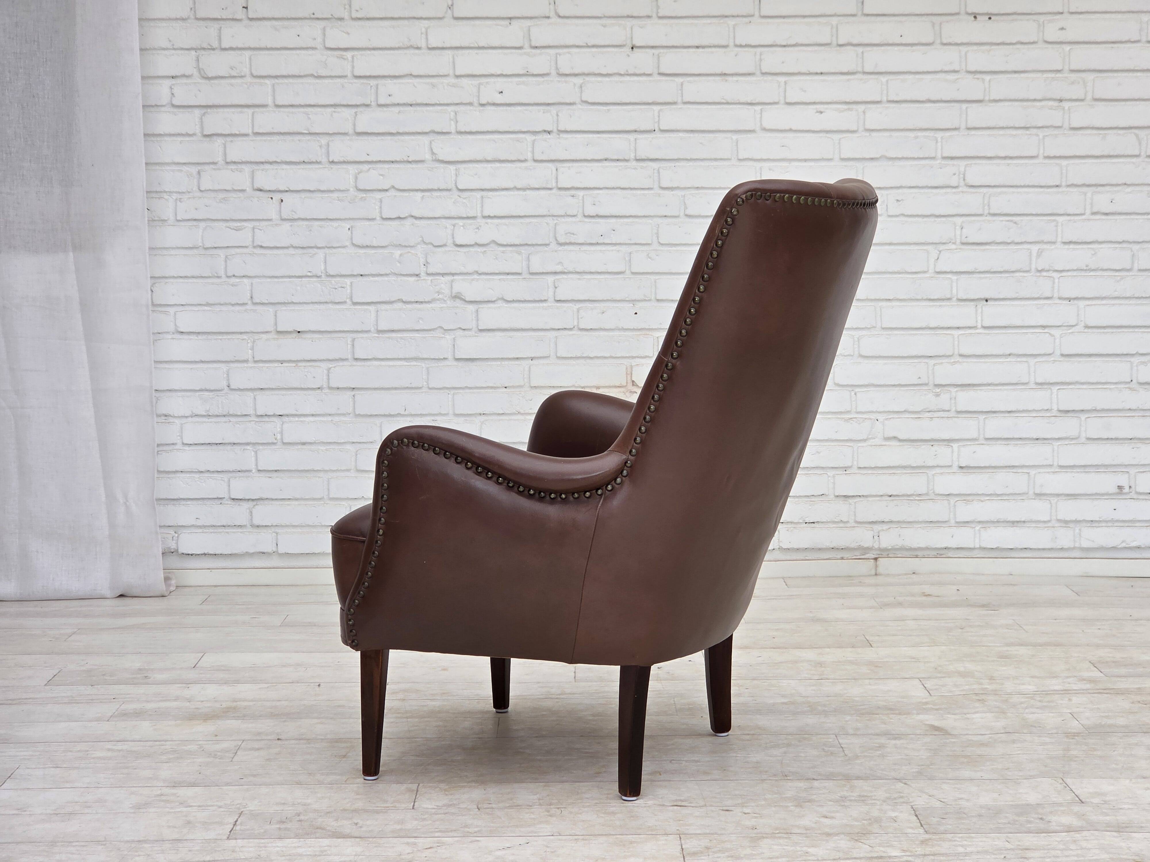 1970s, Danish armchair, original brown furniture leather.