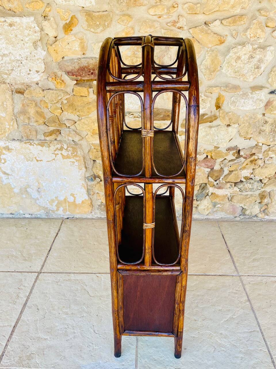 Vintage two-tier bamboo and rattan shelf with storage, Circa 1960