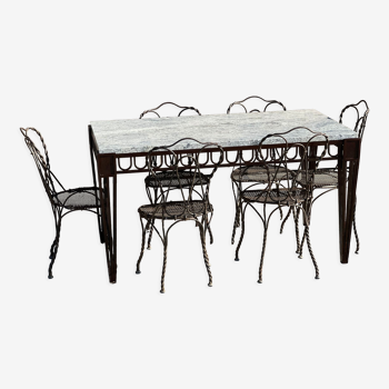 Table en marbre et 6 chaises en métal torsadé dans le goût de Edgar Brandt 1940